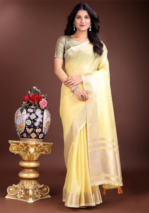 Yellow Zari Work Cotton Blend Saree Set