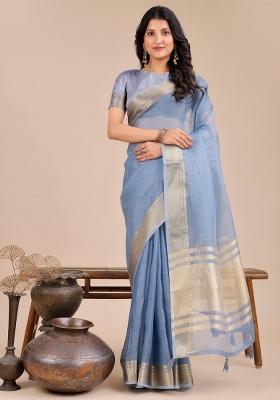 Sky Blue Zari Work Organza Saree Set