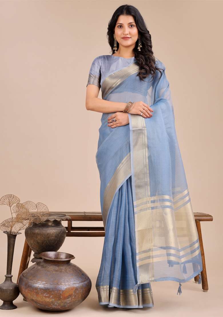 Sky Blue Zari Work Organza Saree Set - Indya