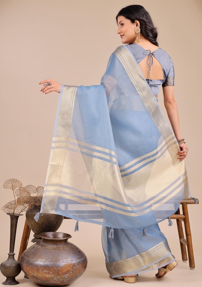 Sky Blue Zari Work Organza Saree Set