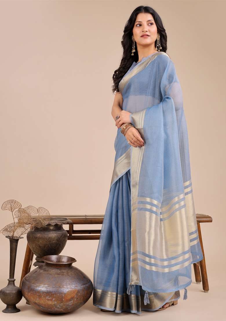 Sky Blue Zari Work Organza Saree Set - Indya