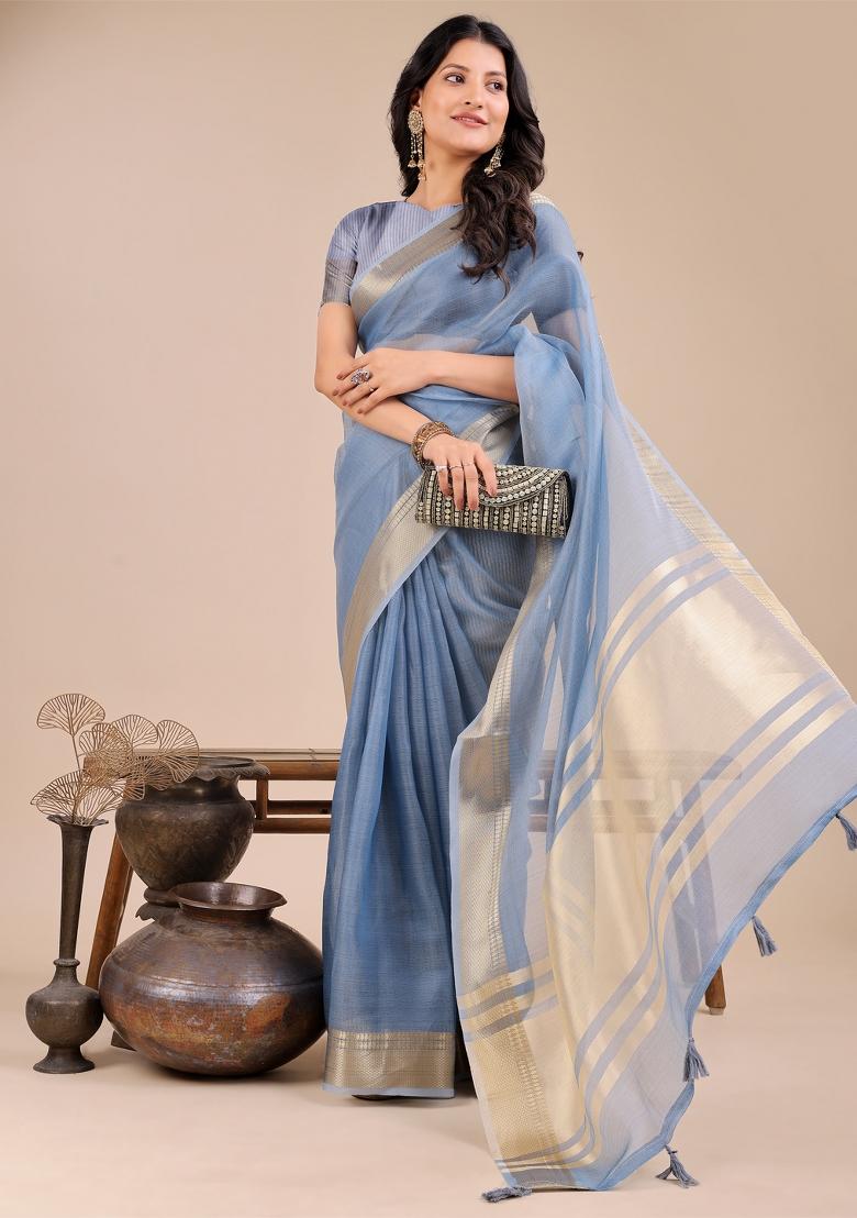 Sky Blue Zari Work Organza Saree Set