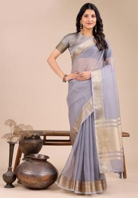 Grey Zari Work Organza Saree Set