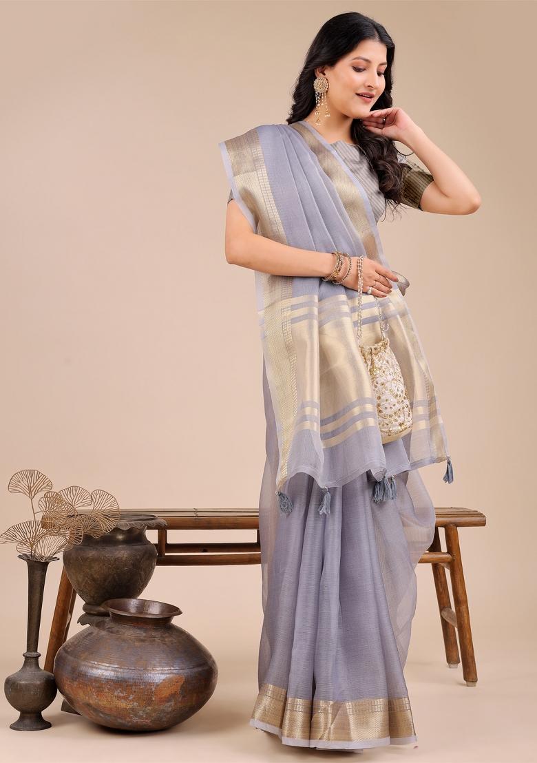 Grey Zari Work Organza Saree Set