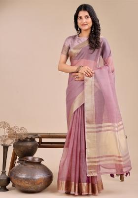 Purple Zari Work Organza Saree Set