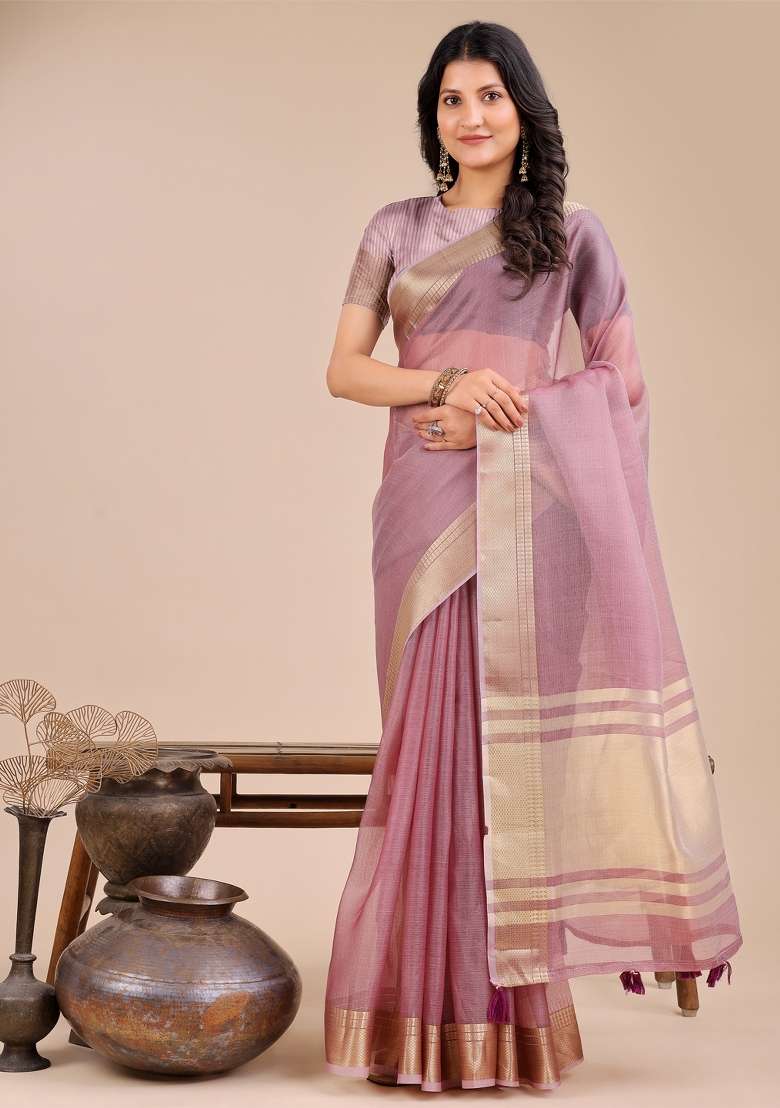 Purple Zari Work Organza Saree Set - Indya