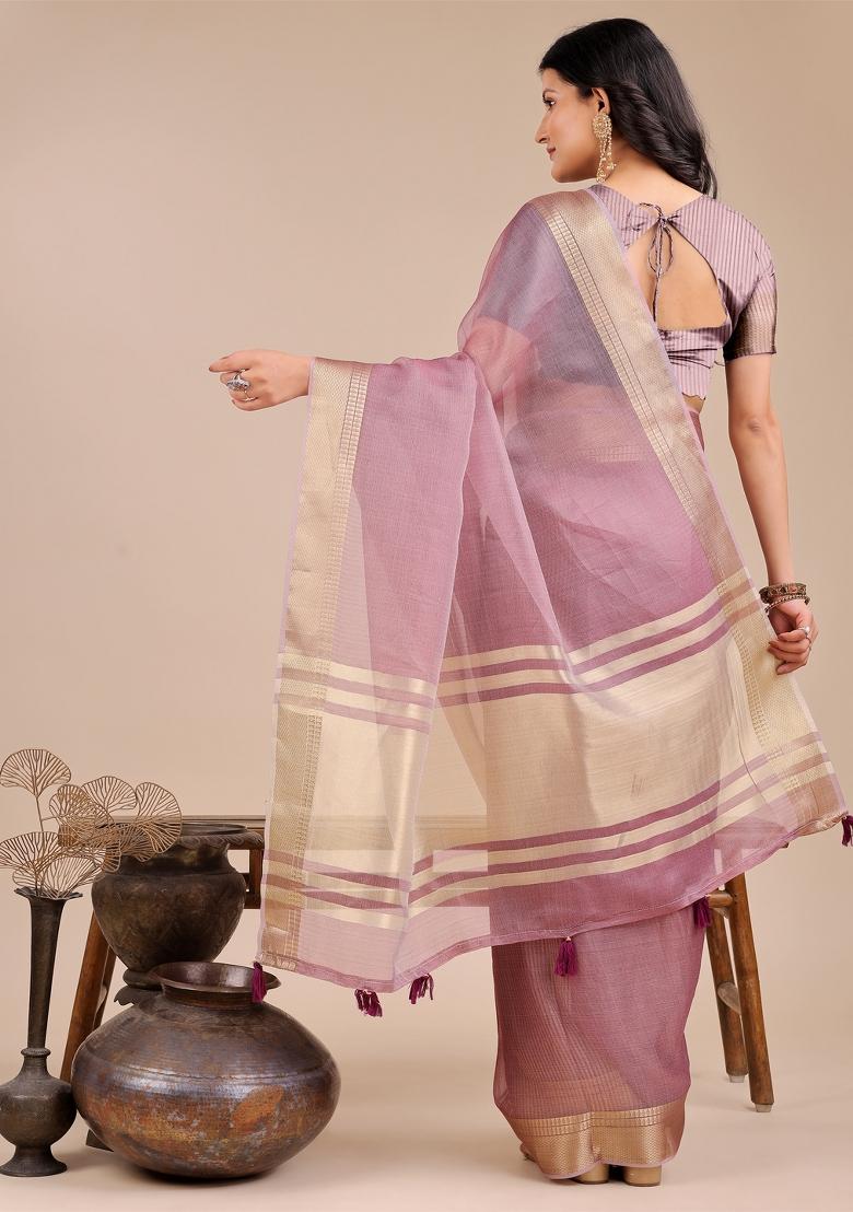 Purple Zari Work Organza Saree Set
