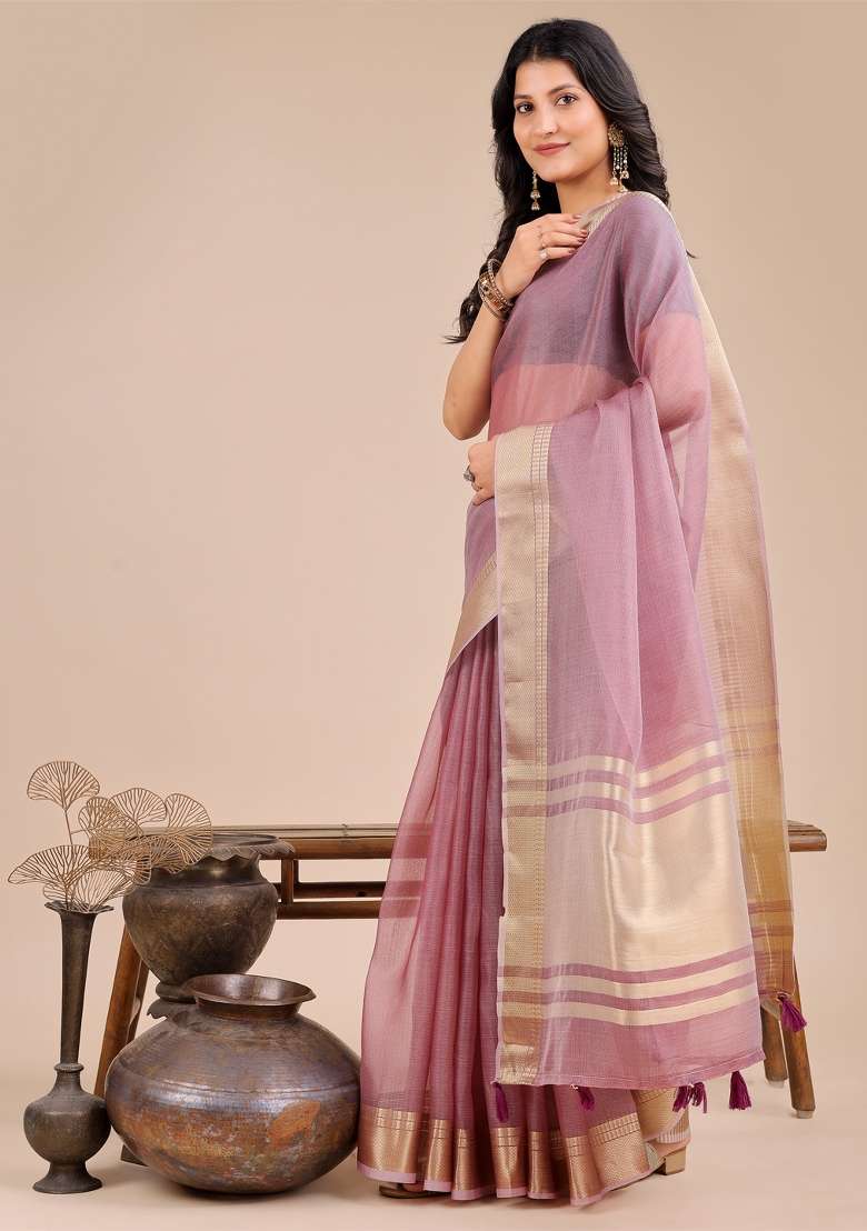 Purple Zari Work Organza Saree Set - Indya