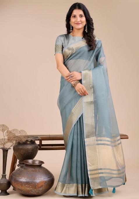 Sea Green Zari Work Organza Saree Set