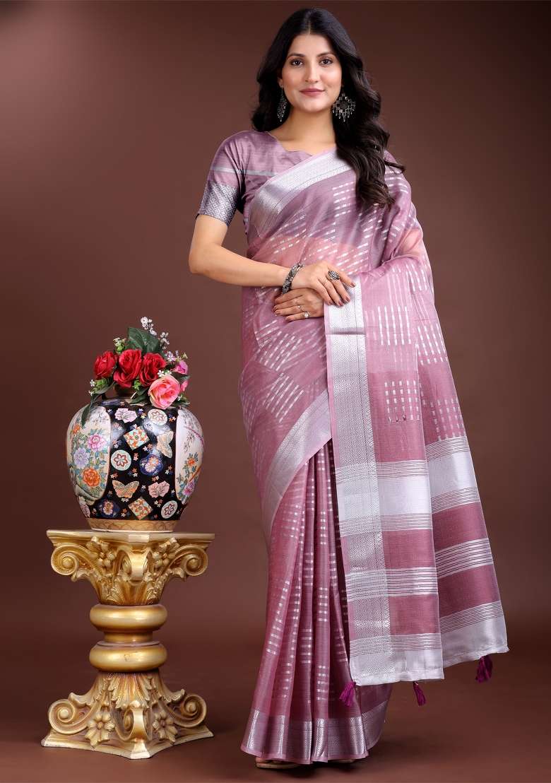 Purple Zari Work Organza Saree Set - Indya
