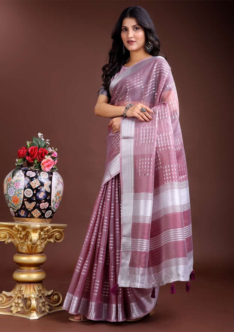 Purple Zari Work Organza Saree Set - Indya