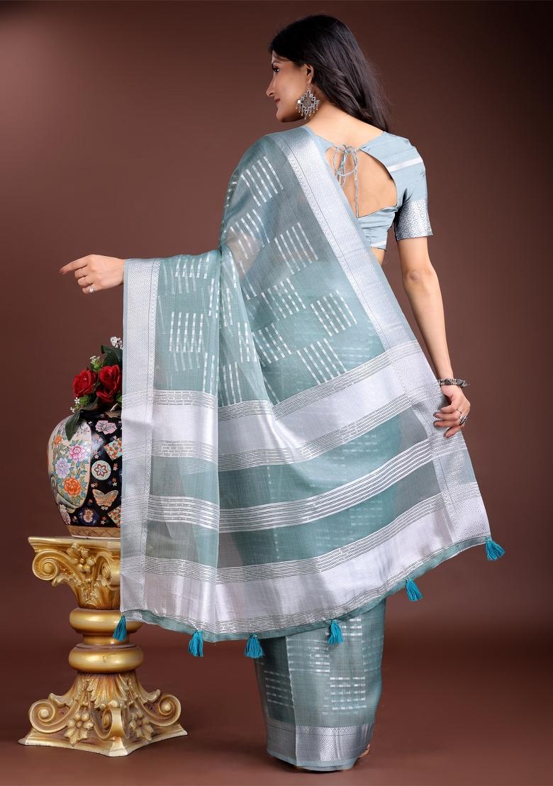 Sea Green Zari Work Organza Saree Set
