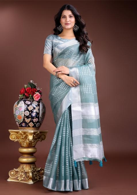 Sea Green Zari Work Organza Saree Set
