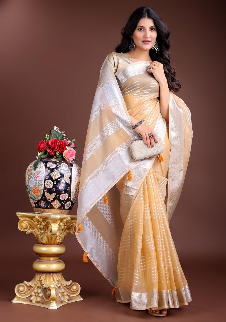 Yellow Zari Work Organza Saree Set