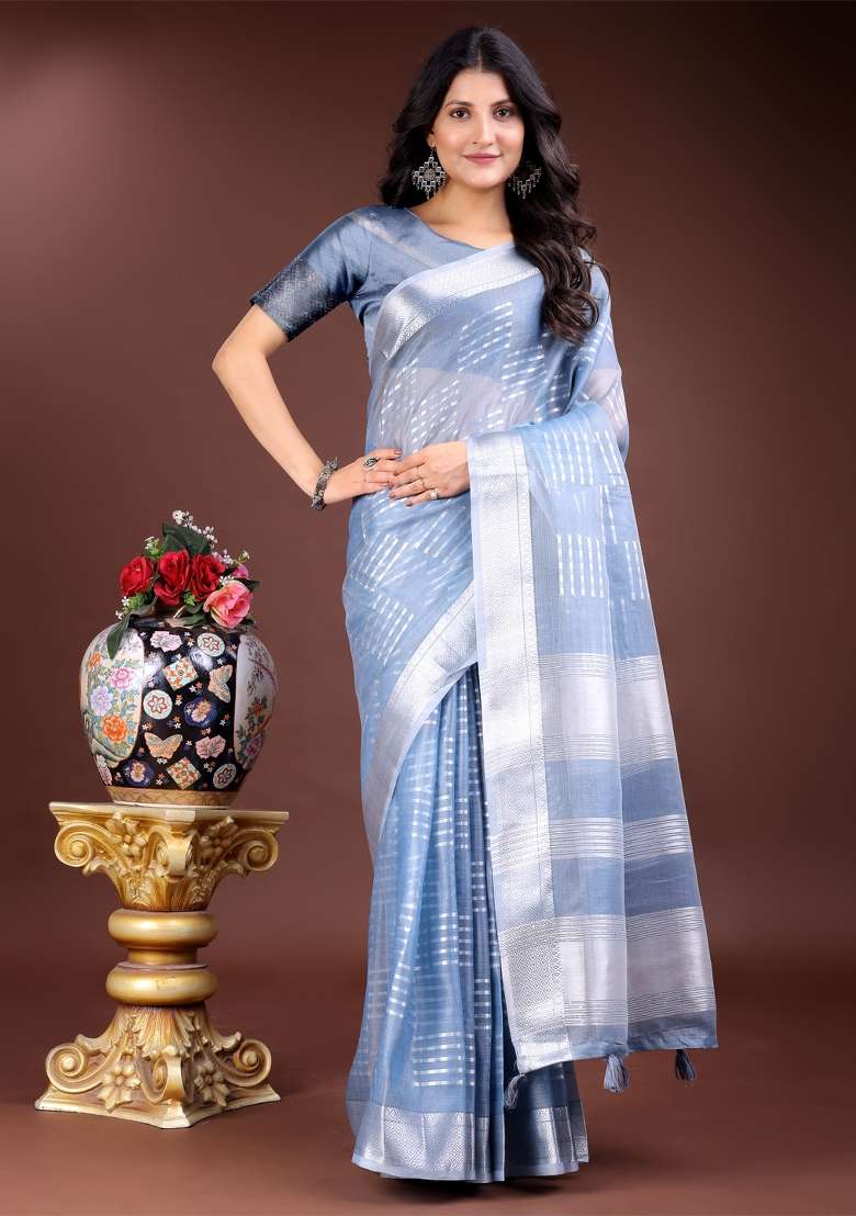 Sky Blue Zari Work Organza Saree Set - Indya