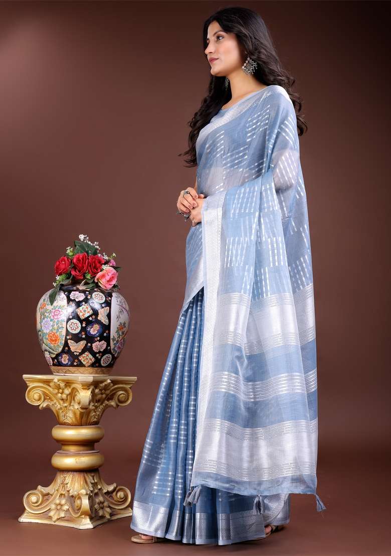 Sky Blue Zari Work Organza Saree Set - Indya