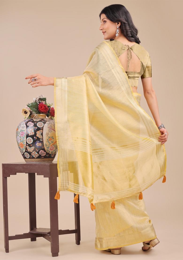 Yellow Zari Work Organza Saree Set