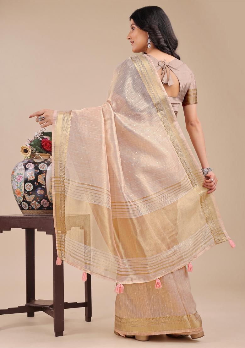 Peach Zari Work Organza Saree Set