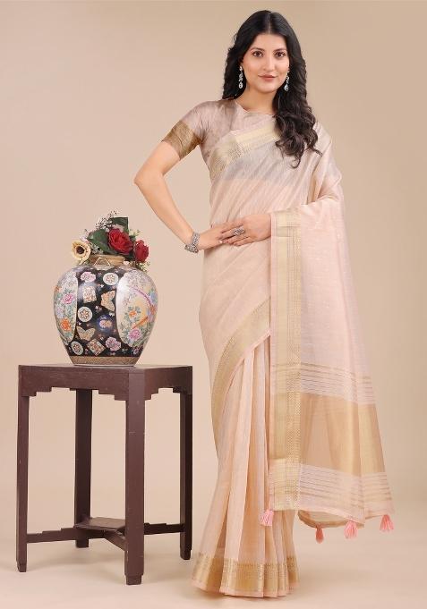 Peach Zari Work Organza Saree Set