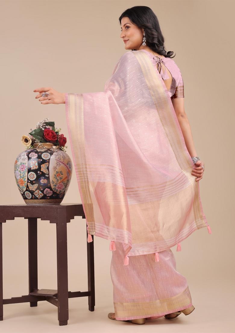 Light Pink Zari Work Organza Saree Set