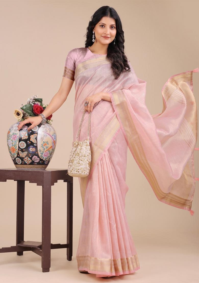 Light Pink Zari Work Organza Saree Set