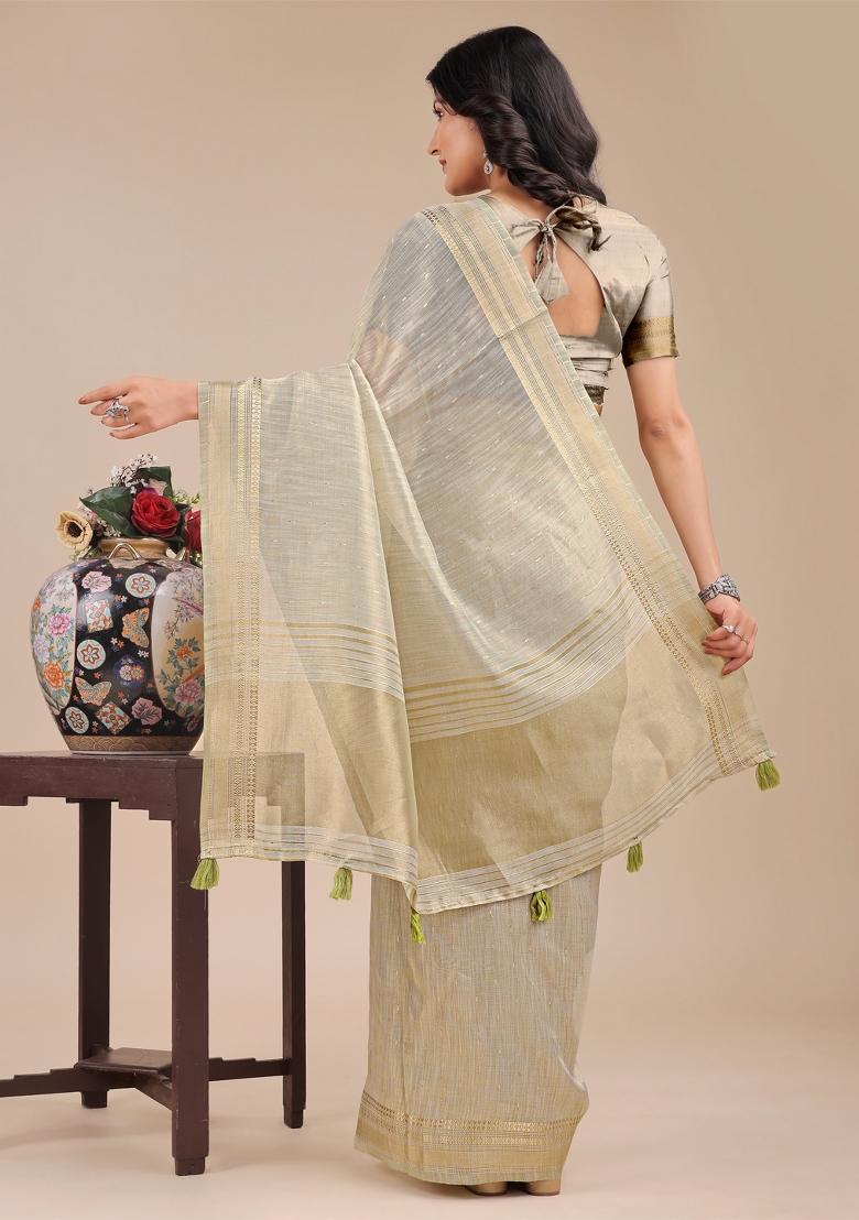 Cream Zari Work Organza Saree Set