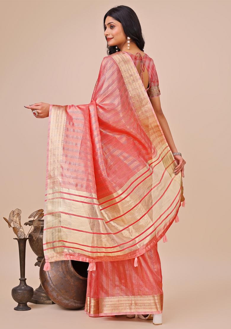 Orange Zari Work Organza Saree Set