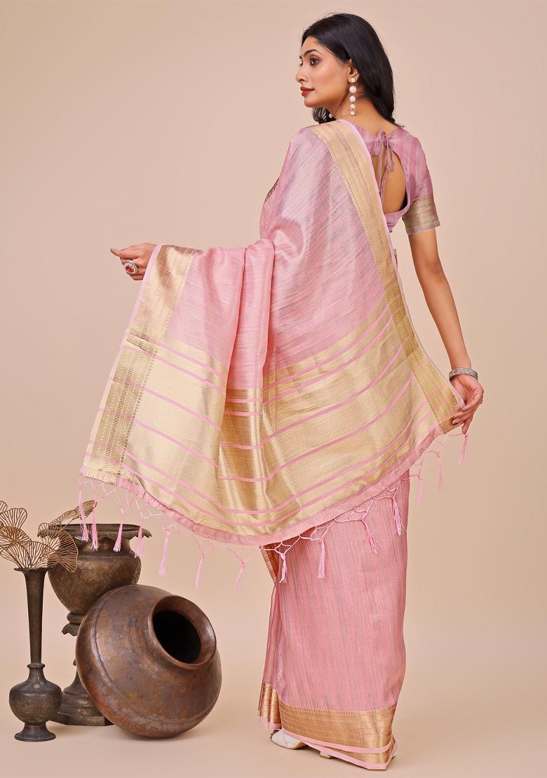 Peach Zari Work Organza Saree Set