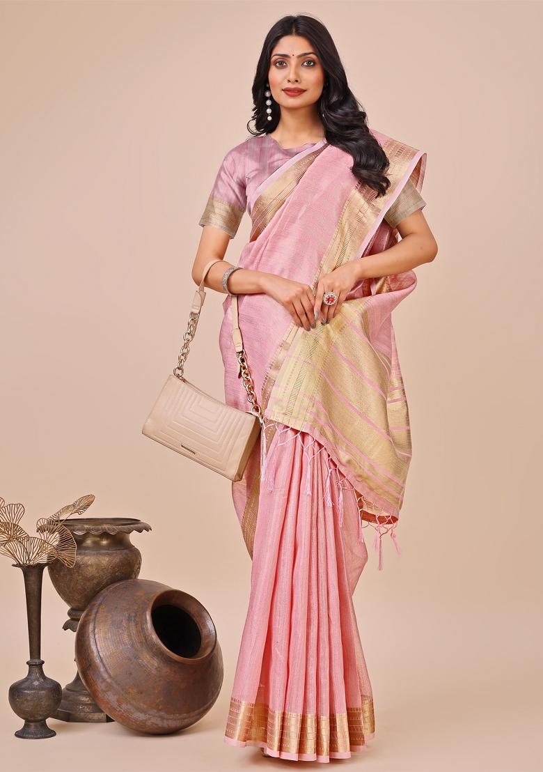 Peach Zari Work Organza Saree Set