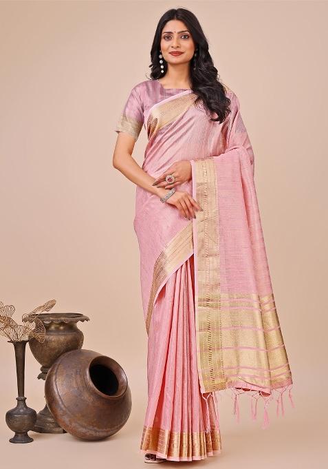Peach Zari Work Organza Saree Set