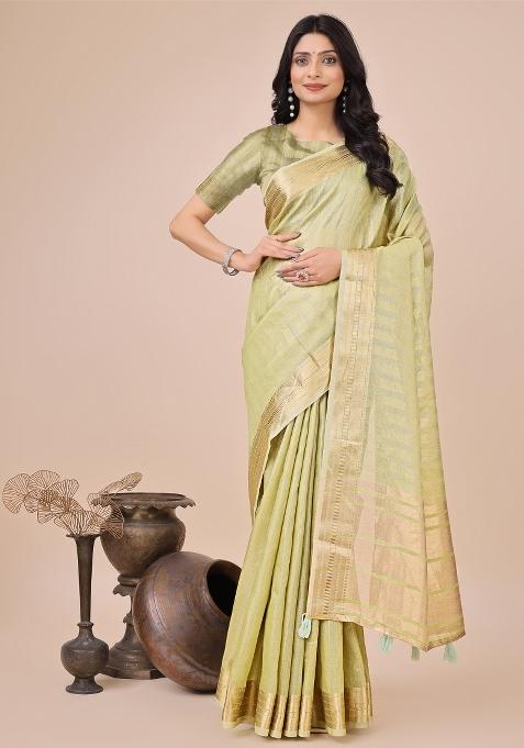 Light Green Zari Work Organza Saree Set