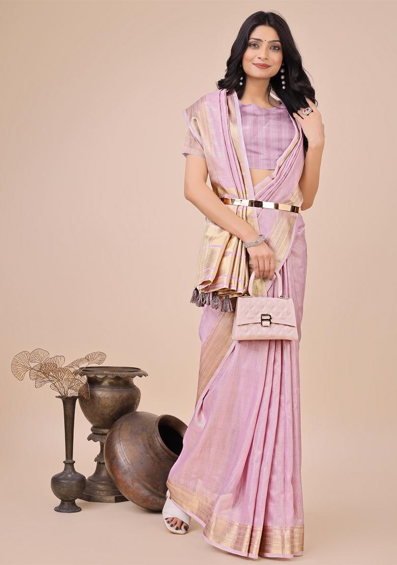 Light Pink Zari Work Organza Saree Set