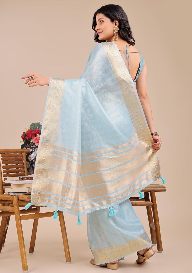 Sky Blue Zari Work Organza Saree Set