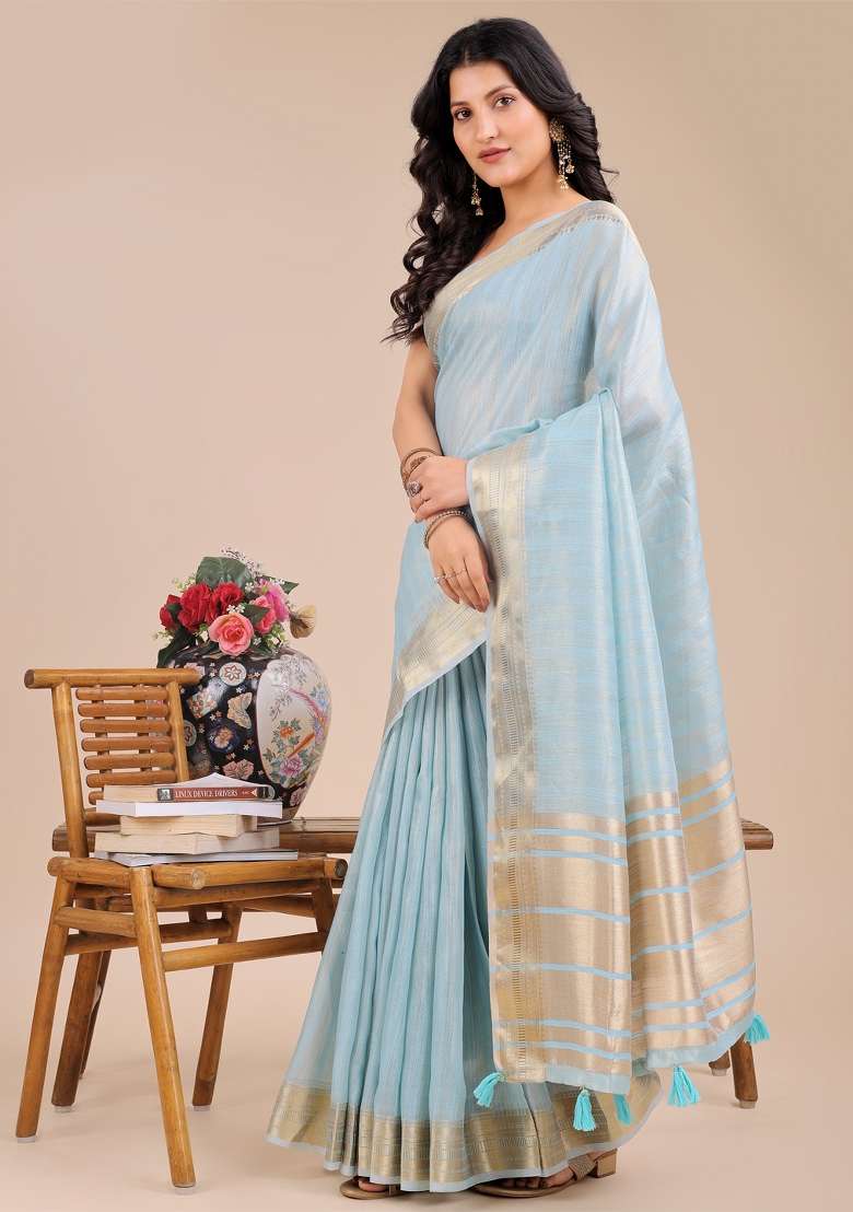 Sky Blue Zari Work Organza Saree Set - Indya