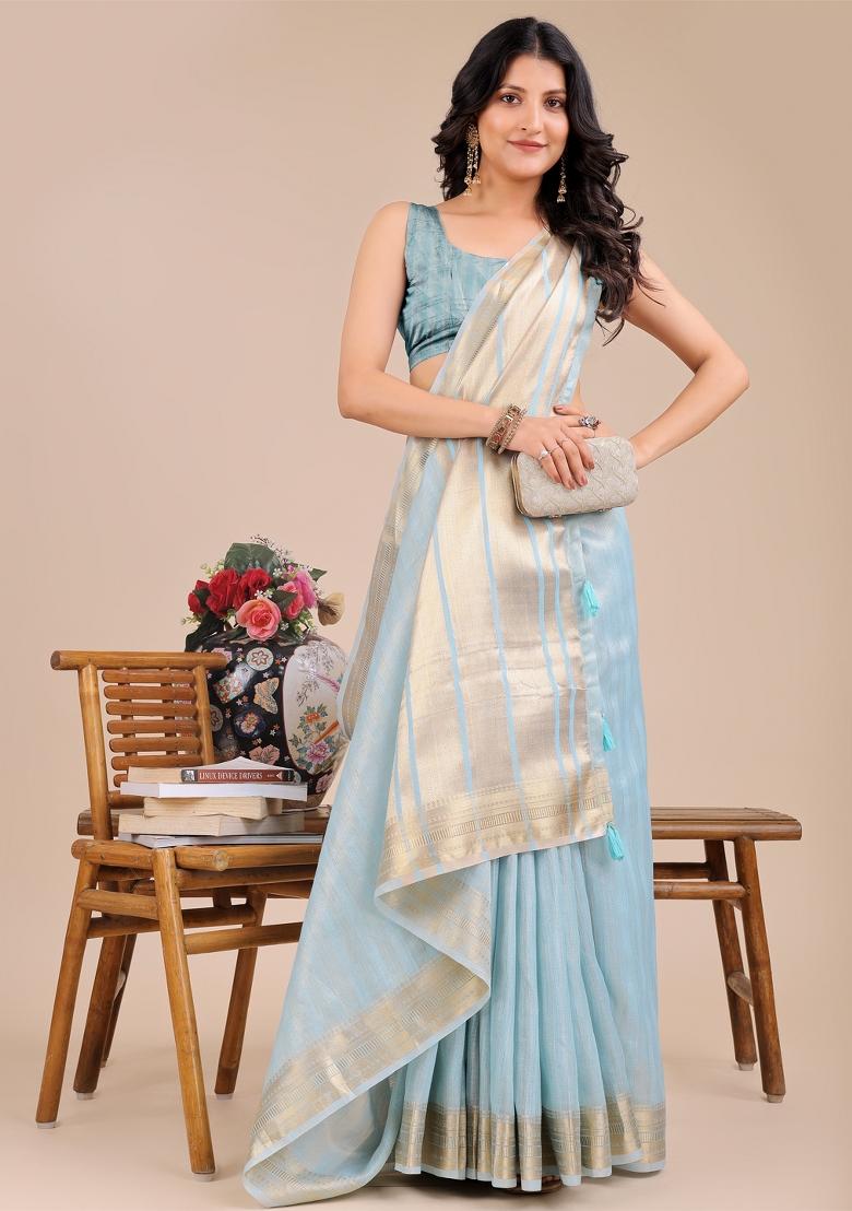 Sky Blue Zari Work Organza Saree Set