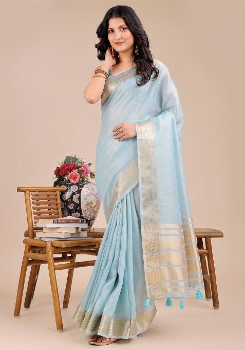 Sky Blue Zari Work Organza Saree Set