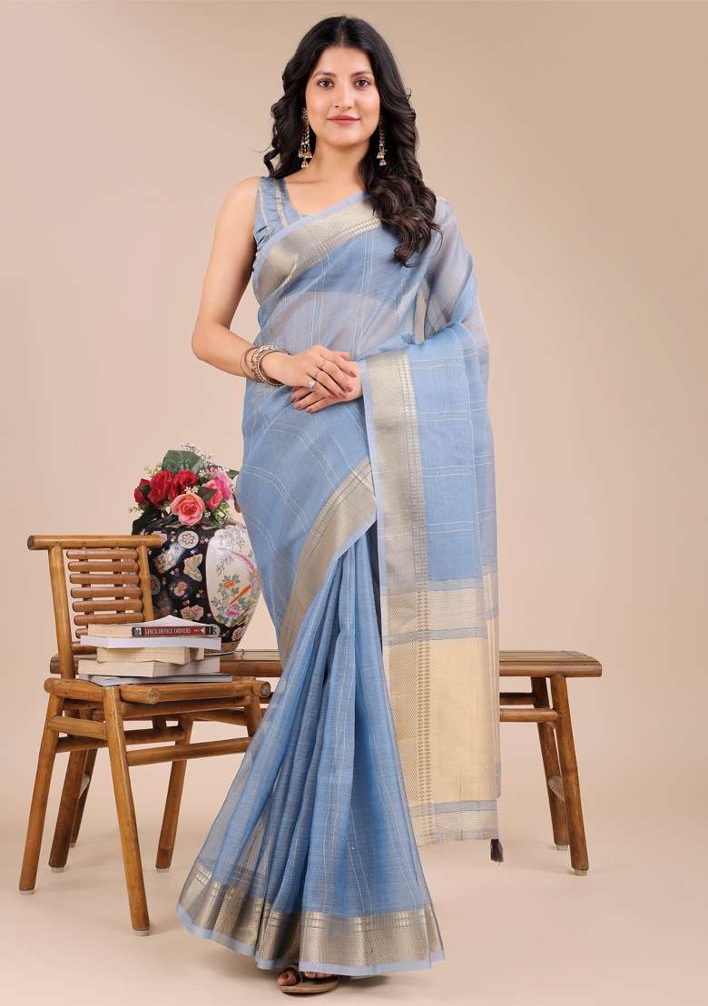Sky Blue Zari Work Organza Saree Set - Indya