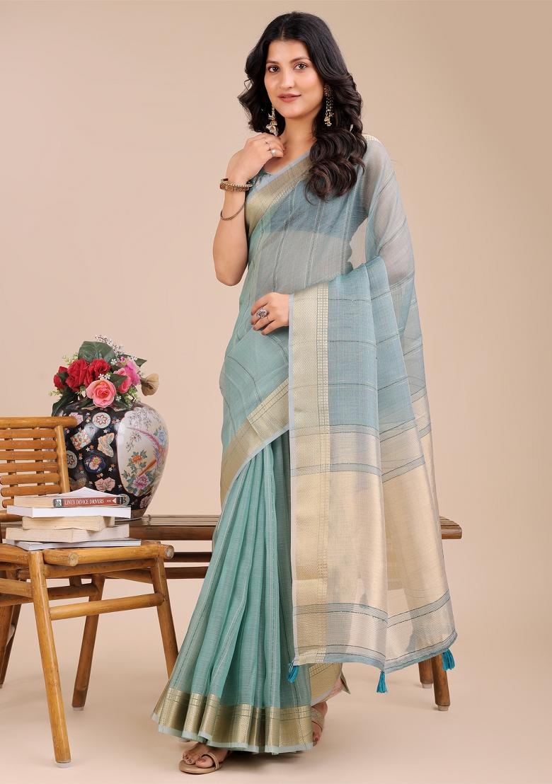 Sea Green Zari Work Organza Saree Set