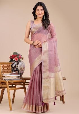 Purple Zari Work Organza Saree Set