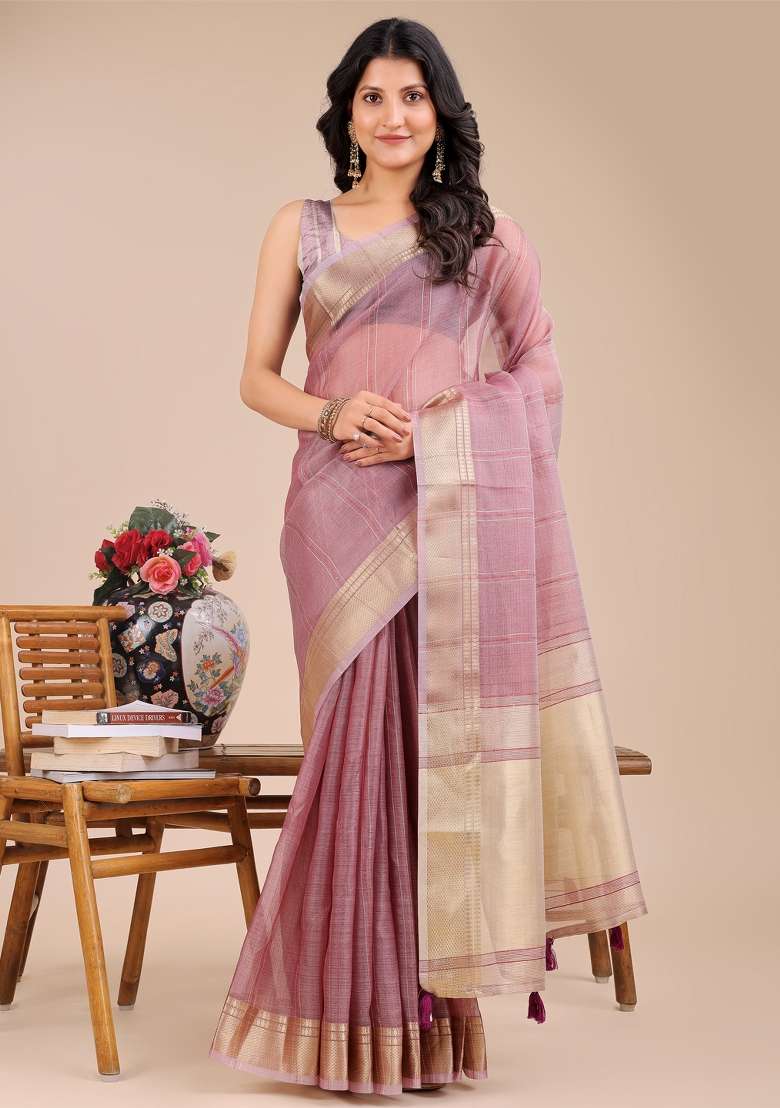 Purple Zari Work Organza Saree Set - Indya