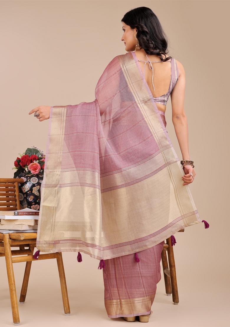 Purple Zari Work Organza Saree Set