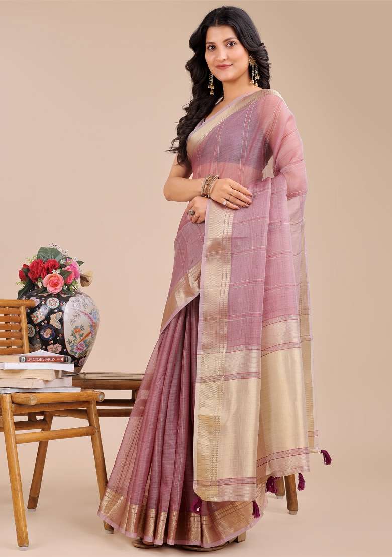 Purple Zari Work Organza Saree Set - Indya