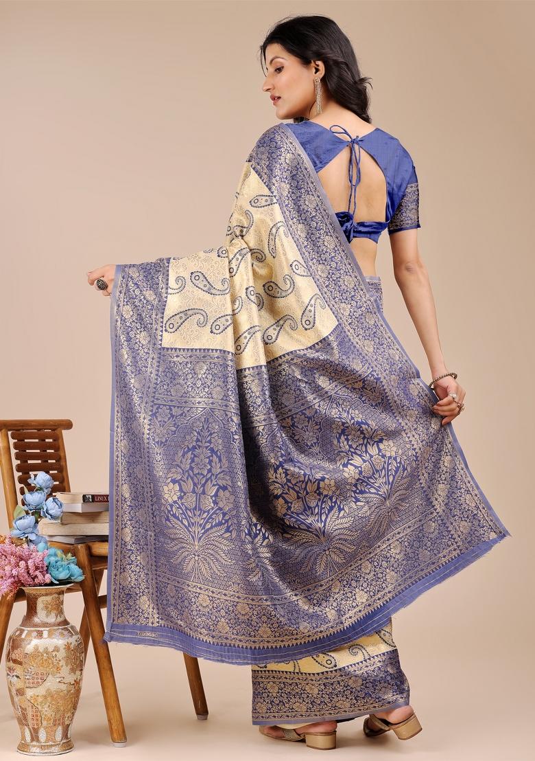 Cream And Navy Blue Zari Work Banarasi Silk Saree Set