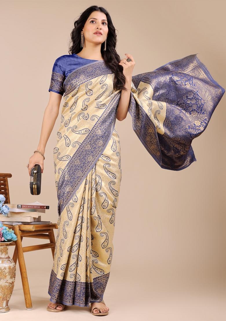 Cream And Navy Blue Zari Work Banarasi Silk Saree Set