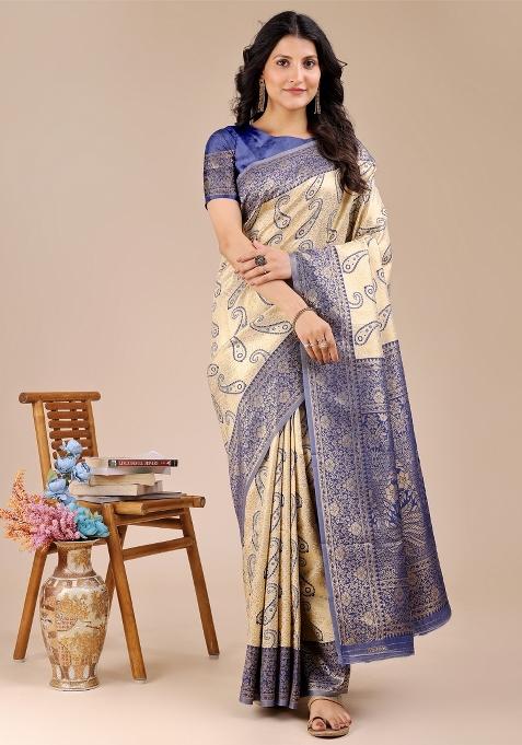 Cream And Navy Blue Zari Work Banarasi Silk Saree Set