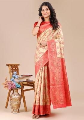 Cream And Red Zari Work Banarasi Silk Saree Set