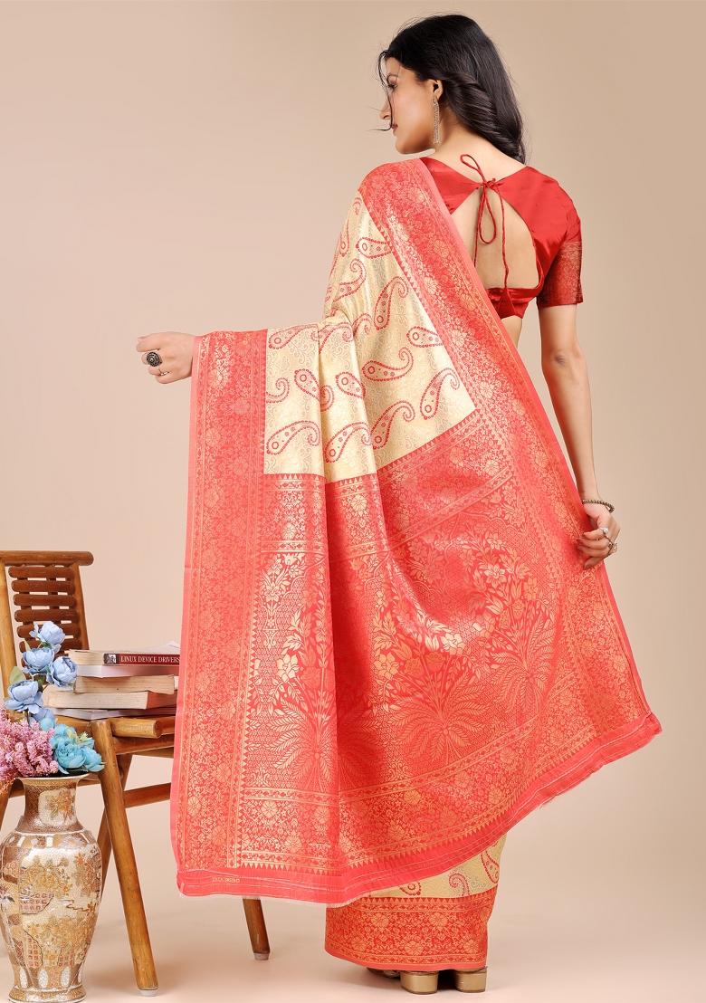 Cream And Red Zari Work Banarasi Silk Saree Set