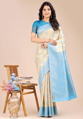 Cream And Sky Blue Zari Work Banarasi Silk Saree Set