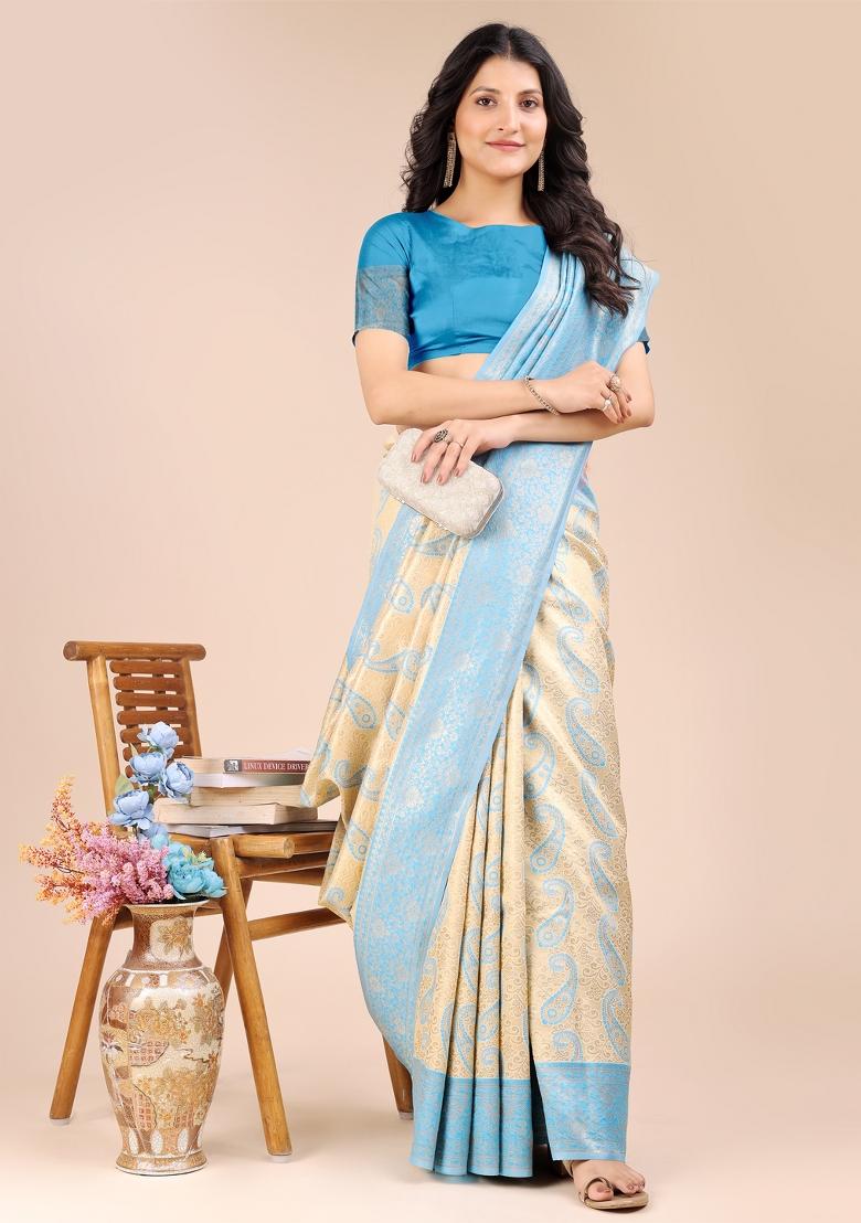 Cream And Sky Blue Zari Work Banarasi Silk Saree Set