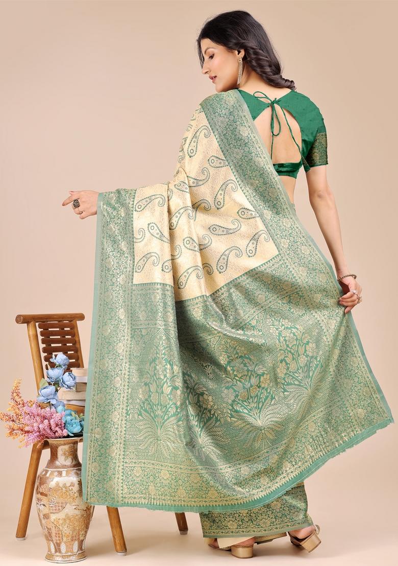 Cream And Green Zari Work Banarasi Silk Saree Set